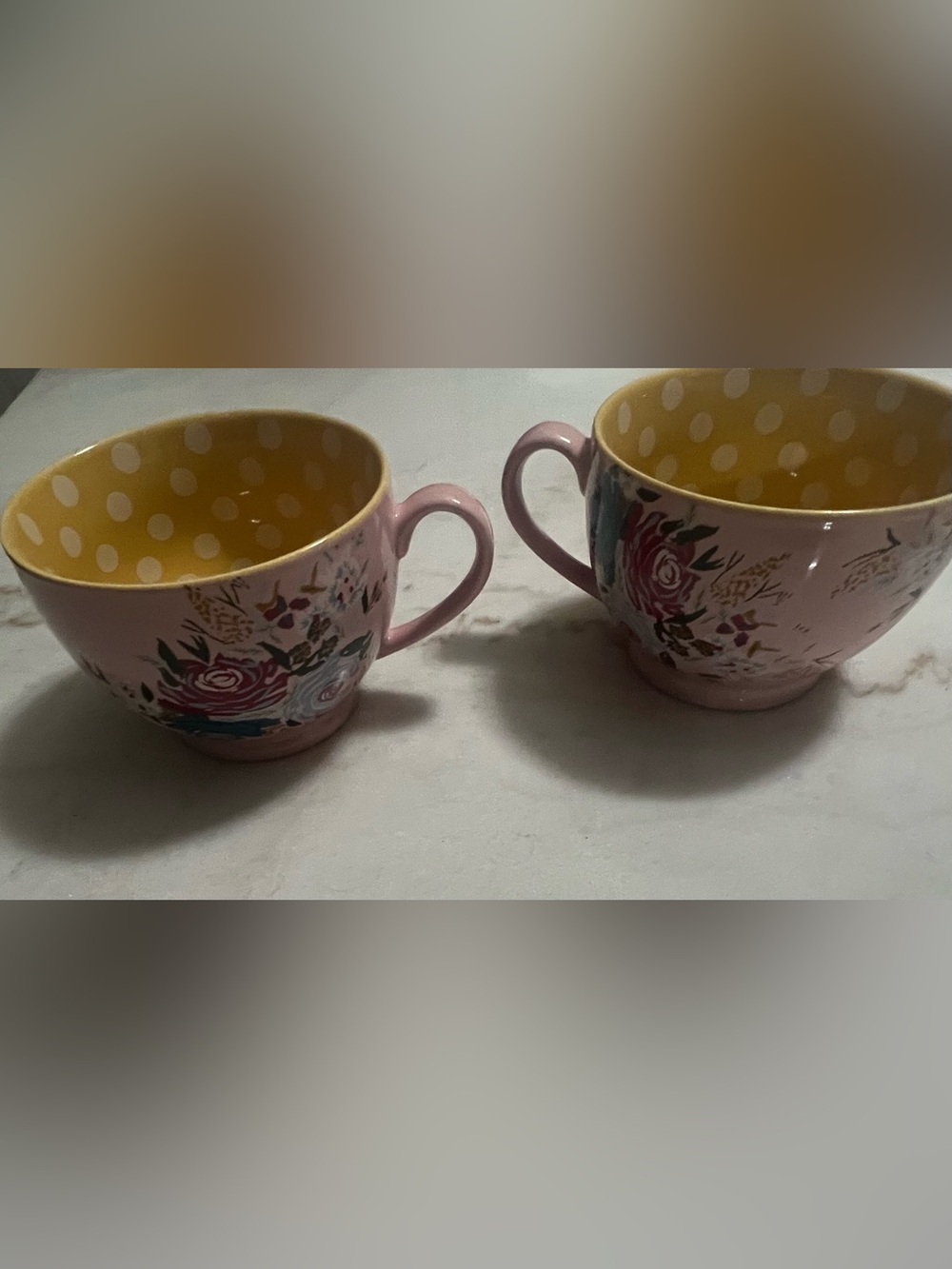 Matilda Jane Pink Floral Mug Yellow Polkadot  20 Oz Double Sided~RARE Set Of 2